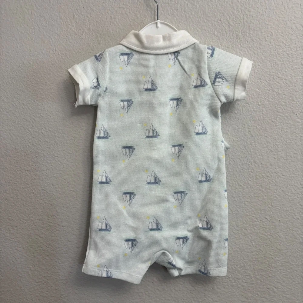 Shabby Chic Kids 3/6M Blue Sailboat Romper Hat Set NEW Nautical Snap Romper